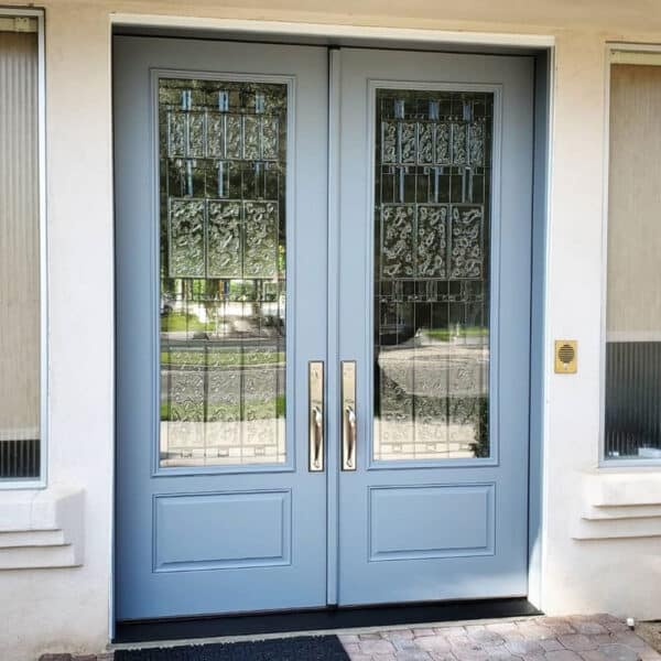 light blue door with glass panels