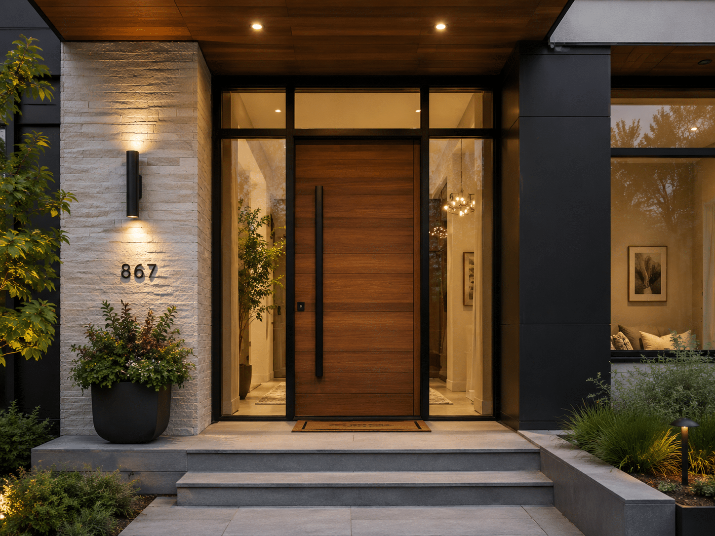 Modern home entrance at dusk with an illuminated wood front door, glass sidelights, stone and dark paneled facade, the house number 867, and a planter of greenery on stone steps.