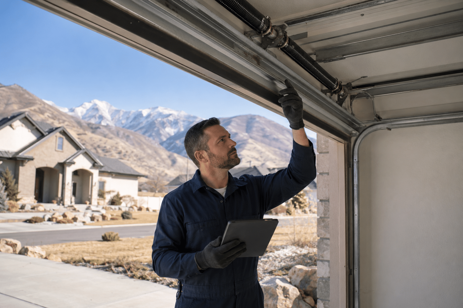 A garage door technician in a uniform inspects the torsion spring of an open garage door at a Utah home, with snow-capped mountains behind him