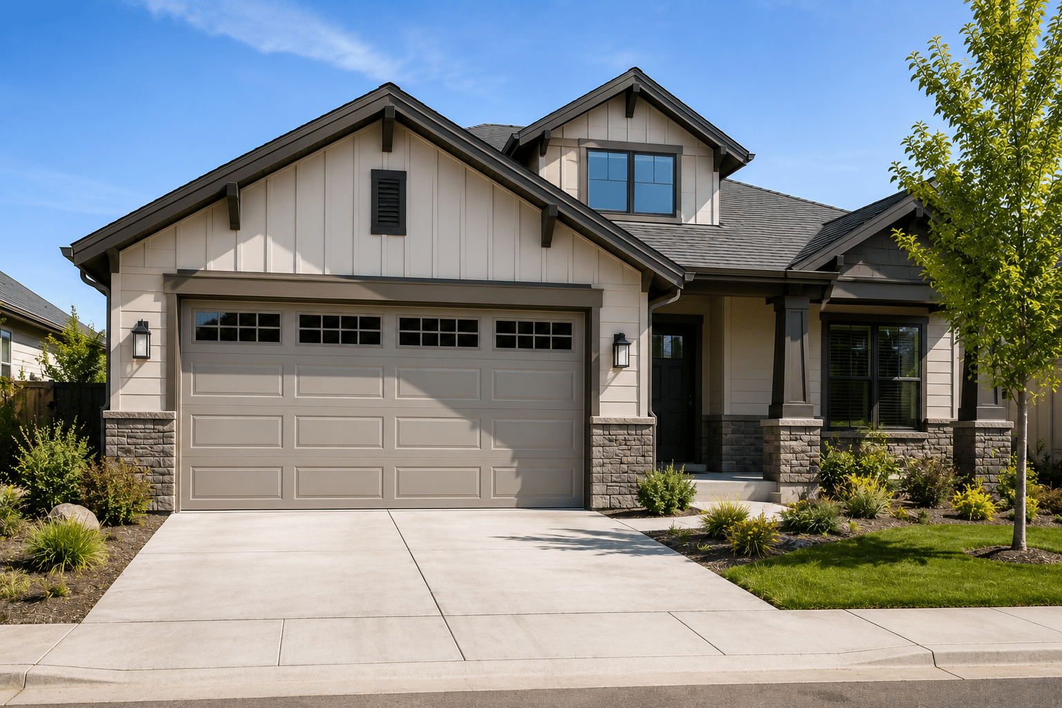 A two-car tan steel garage door with window inserts on a craftsman-style home with stone accents and a concrete driveway