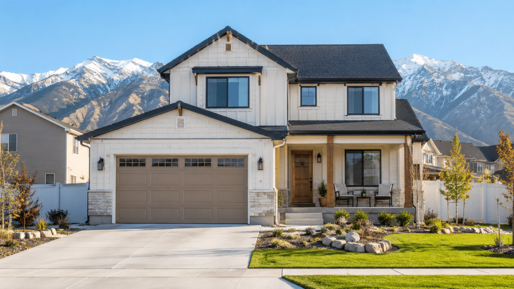 Tan two-car garage door with window inserts on a modern farmhouse Utah home, the kind of residential door covered by UL 325 safety standards