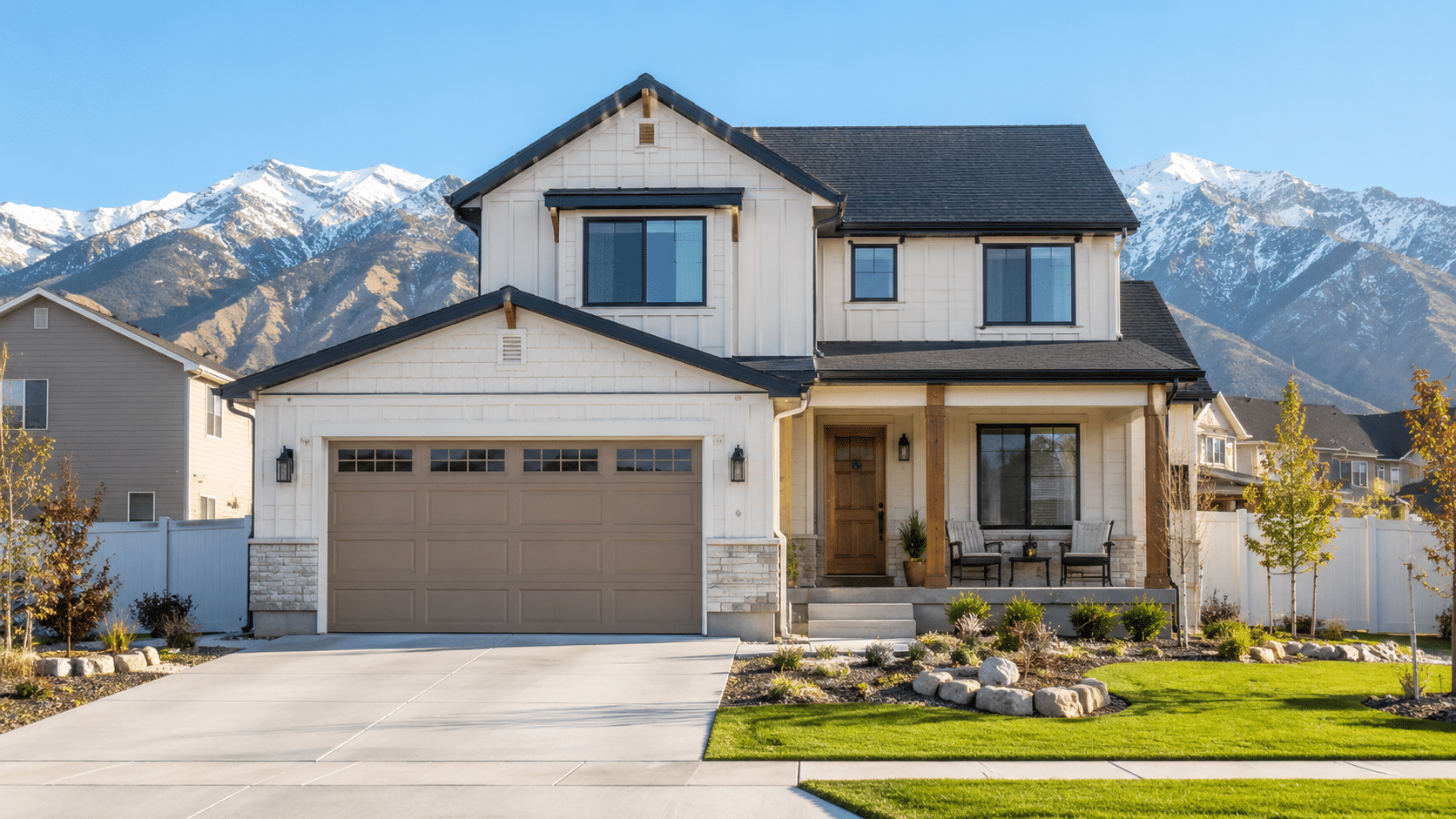 Tan two-car garage door with window inserts on a modern farmhouse Utah home, the kind of residential door covered by UL 325 safety standards