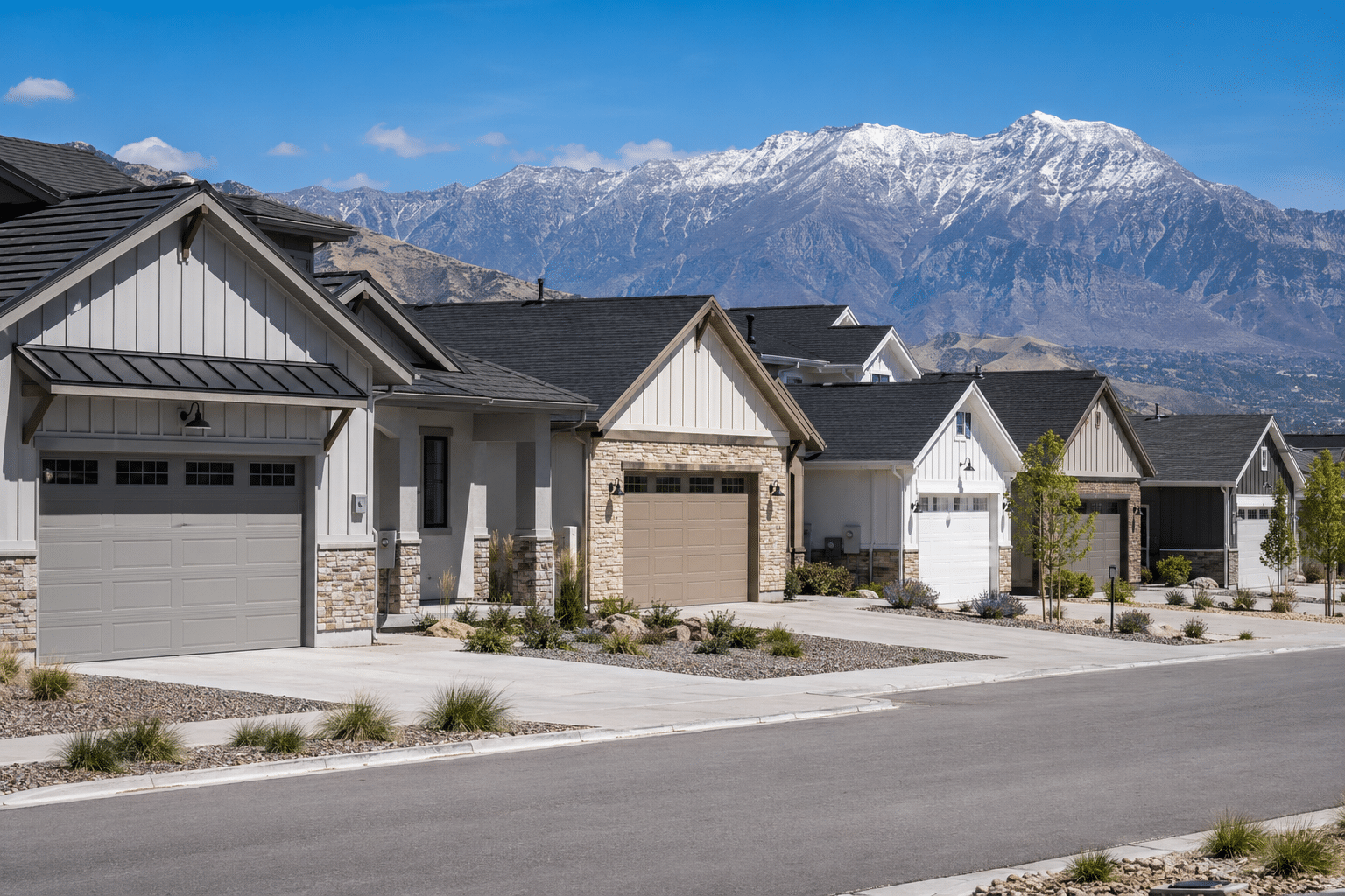 A row of newer modern farmhouse homes with two-car steel garage doors in a Utah County subdivision, with snow-capped Wasatch peaks behind them