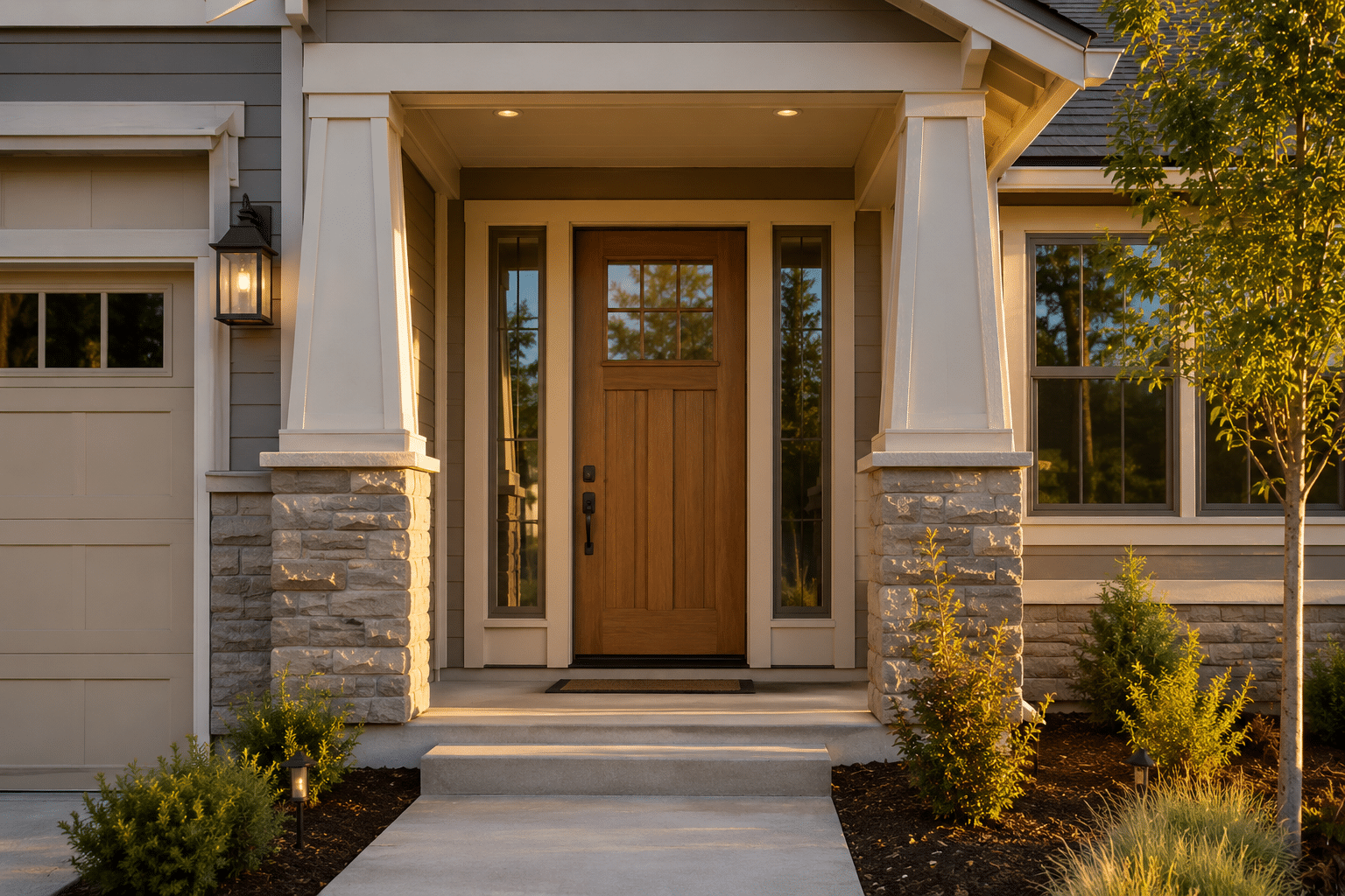 Craftsman-style wood front entry door with sidelights on a stone-and-siding home porch