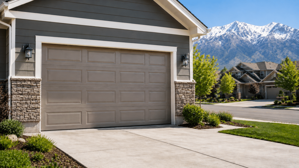 Taupe raised-panel two-car garage door on a Salt Lake City home with the snow-capped Wasatch Range in the background