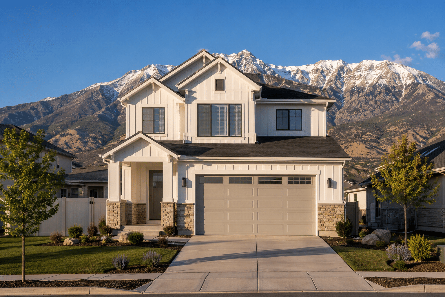 A two-story white modern farmhouse with black-framed windows and a tan two-car garage door, set against the snow-capped Wasatch Mountains in Utah