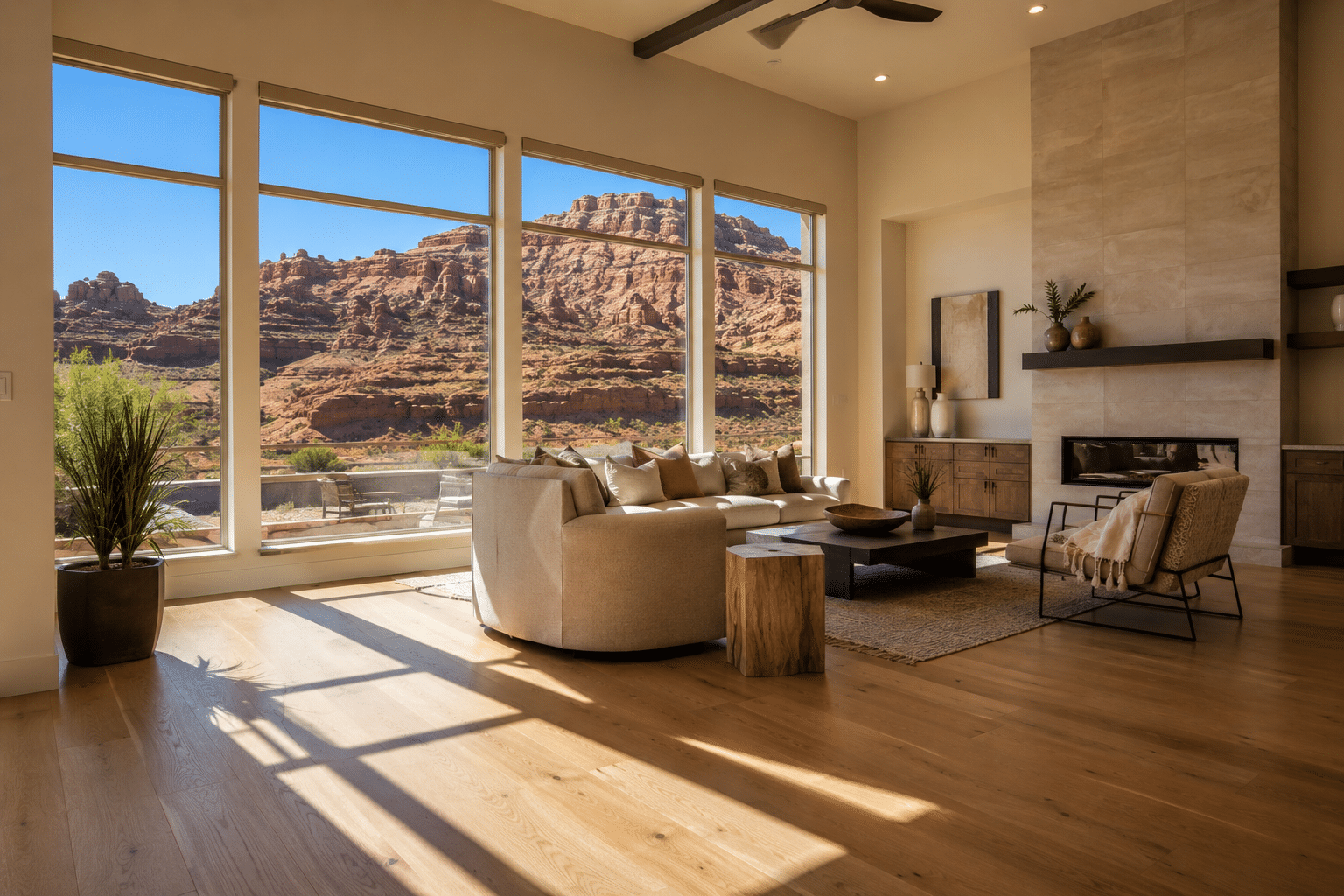 Large low-E windows framing red rock views in a Southern Utah living room, with strong desert sunlight across the floor